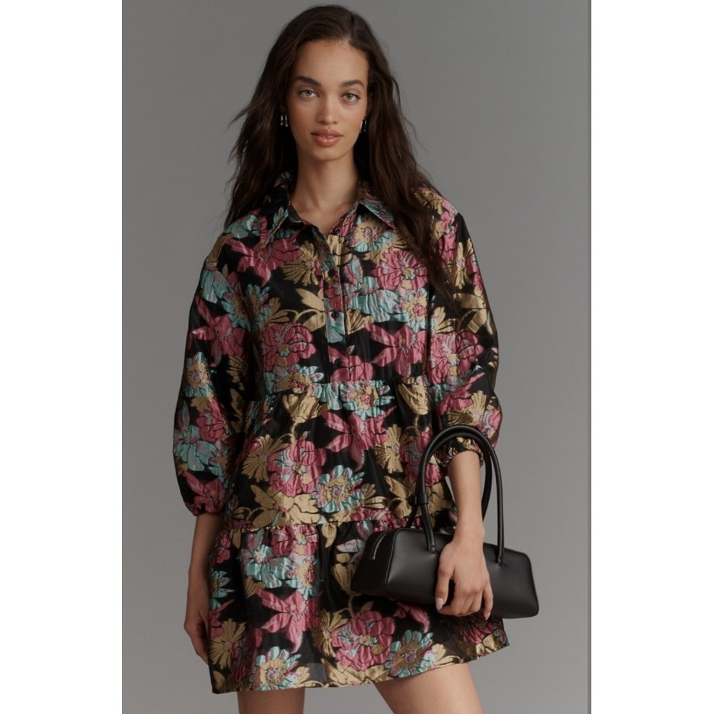 By Anthropologie Bettina Tiered Jacquard Mini Shirt Dress Party Pink Floral S